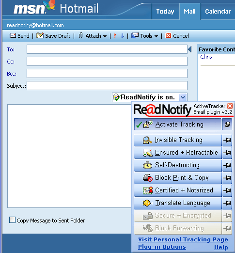 Hotmail Screen shot of the Self-Destructing Plugin